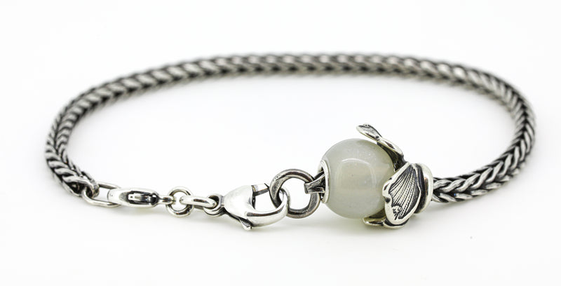 Round White Moonstone + Delicate Flower with Silver Bracelet