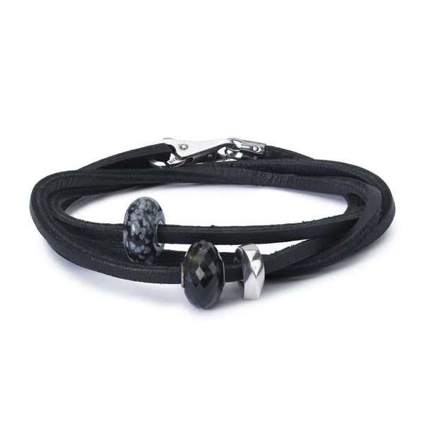 Leather Bracelet Black with Gemstones, Sterling Silver Bead and Plain Clasp