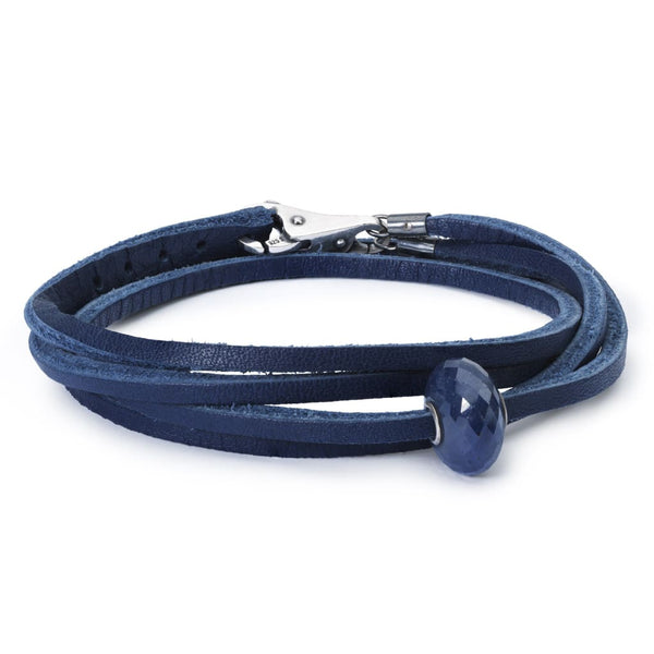 Leather Bracelet Blue with Sapphire Bead and Sterling Silver Plain Clasp