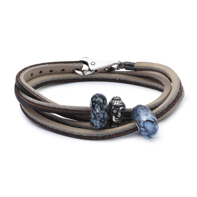 Leather Bracelet Brown/Light Grey with Gemstones and Sterling Silver Bead