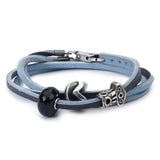 Leather Bracelet Light Blue/Dark Grey with Black Onyx and Sterling Silver Beads