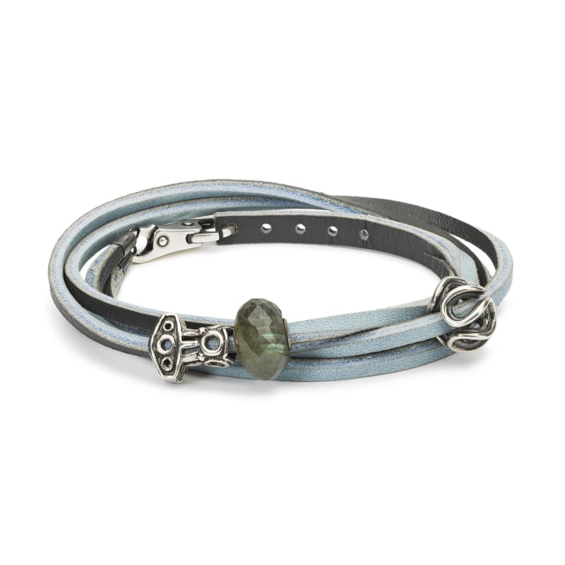 Leather Bracelet Light Blue/Dark Grey with Gemstones and Sterling Silver